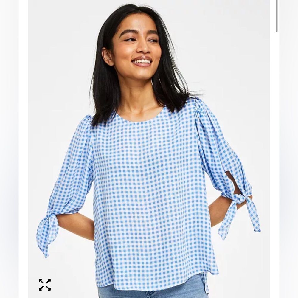 NWT CeCe Gingham Elbow Sleeve Crew Neck Blouse size XL Blue/White Pullover Top